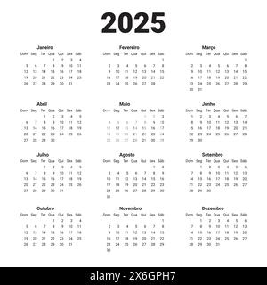 Calendrier modèle vertical nouvel an 2025. Conception de calendrier portugais. La semaine Portugues commence lundi. Grille annuelle sur blanc. Illustration de Vecteur