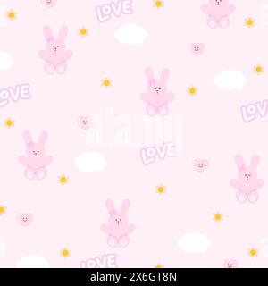 Illustration de lapin, fleur, coeur sur fond rose pastel pour impression florale, motif girly, vêtements d'enfant, emballage cadeau, emballage, tissu, papier peint Illustration de Vecteur