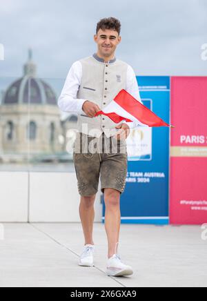 Vienne, Autriche. 07 mai 2024. ABD0067 20240507 - présentation de vêtements à Vienne, Autriche, par les ÖOC et ÖPC pour les Jeux d'été de Paris le mardi 7 mai 2024. Tim Wafler (cyclisme) - 20240507 PD4970 crédit : APA-PictureDesk/Alamy Live News Banque D'Images