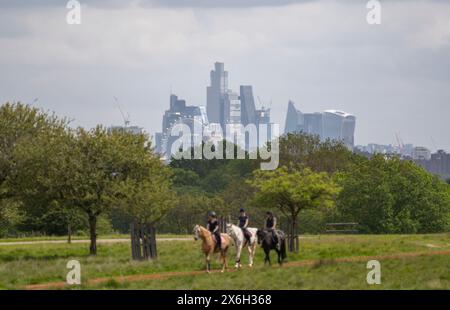 Richmond Park, Londres, Royaume-Uni. 15 mai 2024. Des vues lointaines sur les gratte-ciels du centre de Londres scintillant dans une brume chaude tandis que le temps se réchauffe avec les cavaliers de Richmond Park profitant du soleil. Crédit : Malcolm Park/Alamy Live News Banque D'Images