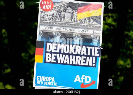 Wahlplakat der Partei AFD Alternative für Deutschland mit der Aufschrift : Demokratie bewahren, Plakat, Wahlkampf, Straßenwahlkampf, Programm, Wahlprogramm, Parteiprogramm, politische Aussage, Wahlaussage, Standpunkt, Motto, slogan, Wahl zum Europäischen Parlament, Europapolitik, Protestpartei, Protest, Einzelbild, Einzelfoto, Symbolfoto, Symbolbild, Symbol, Europa neu denken, 15.05.2024, Heidelberg Deutschland, Feature, Politik, Europawahl 2024 *** affiche électorale du parti AFD Alternative für Deutschland avec l'inscription Demokratie bewahren, affiche, campagne électorale, campagne de rue, Banque D'Images