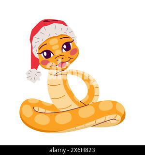 Joli serpent dans le chapeau de Père Noël mettant la tête sur la queue personnage de dessin animé 2D. Célébrant le nouvel an chinois avec le fond blanc d'animal vecteur isolé du zodiaque Illustration de Vecteur