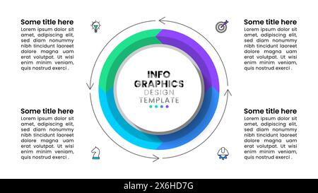 Modèle d'infographie avec icônes et 4 options ou étapes. Cercle. Peut être utilisé pour la mise en page de flux de travail, le diagramme, la bannière, la conception Web. Illustration vectorielle Illustration de Vecteur