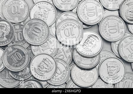 Monnaie ukrainienne, monnaie d'échange, pièces blanches dénomination de 10 hryvnias dans un ordre aléatoire. Vue de dessus Banque D'Images