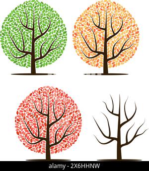 Quatre arbres avec des feuilles vertes, rouges, jaunes et sans feuilles. Illustration vectorielle isolée sur un fond blanc Illustration de Vecteur
