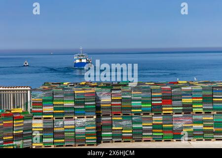 Caisses de fruits de mer colorées en Croatie, navire pour le transport de poissons et fruits de mer, rechargement de navires, caisses de transport de poissons Croatie Banque D'Images