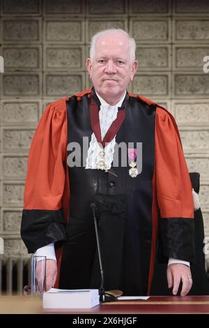 Le président de la cour Philippe Gorle photographié lors de la constitution du jury pour le procès de Davin et bouton, devant la Cour d'assises de Liège, mercredi 15 mai 2024, à Liège. Davin et bouton sont accusés de meurtre, avec racisme ou homophobie comme circonstance aggravante, de Mbaye Wade (43). La victime a été poignardée quinze fois avec un couteau lors d'un rendez-vous homosexuel dans la soirée du 17 septembre 2020. BELGA PHOTO BRUNO FAHY Banque D'Images