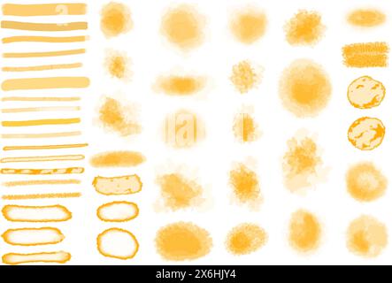 Jeu d'aquarelles. Coups de pinceau, éclaboussures, texture de la tache, horizontal. Illustration vectorielle. Jaune, orange, doré Illustration de Vecteur