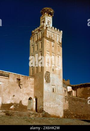 Un nid de cigogne au sommet d'un minaret attaché à une salle de prière en ruine à la Kasbah Telouet, ancienne demeure de la famille Glaoui dans les montagnes de l'Atlas, au Maroc. Banque D'Images