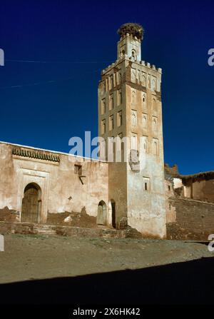 Un nid de cigogne au sommet d'un minaret attaché à une salle de prière en ruine à la Kasbah Telouet, ancienne demeure de la famille Glaoui dans les montagnes de l'Atlas, au Maroc. Banque D'Images