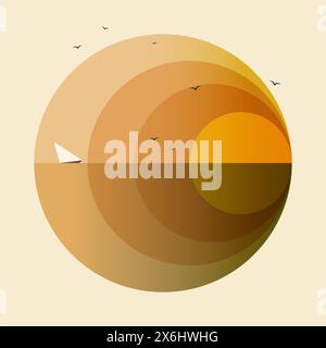 Lever du soleil et oiseaux volants affiche d'illustration simple esthétique. Art dégradé avec mouettes volantes. Fjord nature scandinave dans un style plat. Shis de voile Illustration de Vecteur