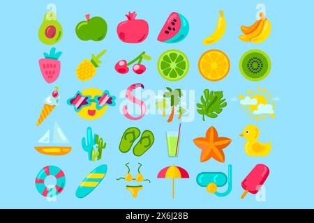 Vecteur de collection clipart d'activité balnéaire d'été. Fruits exotiques, glaces, accessoires d'été, sports et loisirs heureux sur la plage. Bonjour Summer. S Illustration de Vecteur