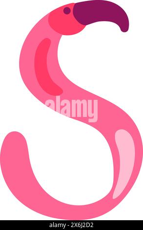 Lettre anglaise S en forme de flamant rose dessinée par l'enfant. Dessin lumineux Childish négligeable S pour la conception de la bannière de printemps festive. Plat dessiné à la main Vect Illustration de Vecteur