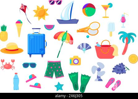 Grand kit d'articles pour les vacances en station balnéaire. Collection d'accessoires et de vêtements, d'équipements de sport et de fournitures de voyage. Ensemble d'icônes multicolores Illustration de Vecteur