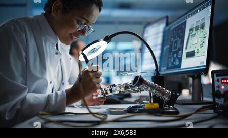 Installation d'électronique moderne : belle scientifique féminine noire, ingénieur fait de la soudure imprimée de carte mère Curcuit. Conçoit, développe des PCB industriels, des micropuces de silicium, des semi-conducteurs Banque D'Images