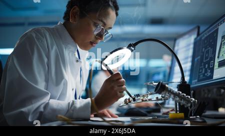 Installation d'électronique moderne : belle scientifique féminine noire, ingénieur fait de la soudure imprimée de carte mère Curcuit. Conçoit, développe des PCB industriels, des micropuces de silicium, des semi-conducteurs Banque D'Images