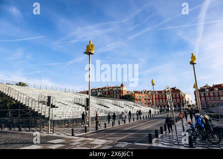 Nice, France - 28 janvier 2024 : tribuns sur la place Masséna à Nice construits pour le carnaval annuel Banque D'Images