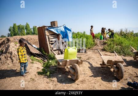 Budgam, Inde. 15 mai 2024. Les enfants du coin vus avec leur brouette en bois pendant une journée ensoleillée. (Photo par Idrees Abbas/SOPA images/SIPA USA) crédit : SIPA USA/Alamy Live News Banque D'Images