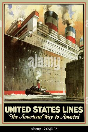 1923 ÉTATS-UNIS LIGNES 'The American Way to America' vintage voyage croisière affiche de paquebot. Comprend le SS Levviathan Ocean Liner, alors le plus grand au monde. Poster par RS Pike. Banque D'Images