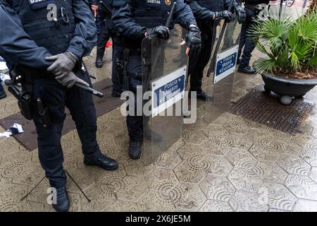 Barcelone, Espagne. 15 mai 2024. Une action surprise au bureau des affaires étrangères de la Generalitat se termine par une charge policière, des manifestants pro-palestiniens protestent contre la collaboration entre la Catalogne et Israël en matière commerciale. Una Acción sorpresa en la oficina de asuntos exteriores de la Generalitat termina en carga policial, los manifantes pro-palestinos protestan por la colaboración entre Cataluña e Israel en materia comercial. Actualités politiques - Barcelone, Espagne mercredi 15 mai 2024 (photo par Eric Renom/LaPresse) crédit : LaPresse/Alamy Live News Banque D'Images