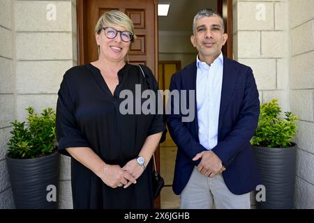 Amman, Jordanie. 15 mai 2024. La ministre de la coopération au développement et de la politique métropolitaine Caroline Gennez et le prince de Jordanie Rashid bin El Hassan, président du conseil d’administration de l’organisation caritative hachémite photographié lors d’une mission diplomatique en Israël et dans les territoires palestiniens, à Amman, Jordanie, mercredi 15 mai 2024. BELGA PHOTO DIRK WAEM crédit : Belga News Agency/Alamy Live News Banque D'Images