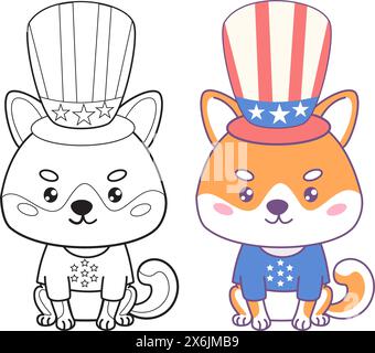 Chien mignon Shiba Inu vêtements de fête patriotique aux couleurs du drapeau américain. Jour de l'indépendance. Animal de compagnie de personnage kawaii drôle de vacances isolé. Couleur et Illustration de Vecteur