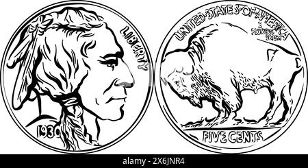 Argent américain, Buffalo nickel 5 cent coin, avers avec tête indienne, revers avec bison américain Illustration de Vecteur