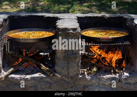 Gros plan de deux casseroles à paella cuisinant une paella typique de valence, espagne sur un barbecue dans la campagne Banque D'Images