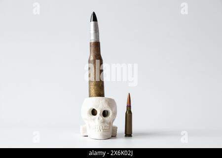 Deux balles, grandes et petites, et un crâne en plâtre sur fond blanc Banque D'Images