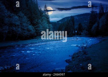 la rivière coule à travers la vallée des montagnes des carpates la nuit. l'eau peu profonde révèle des pierres. parc national synevyr de l'ukraine en pleine lune Banque D'Images