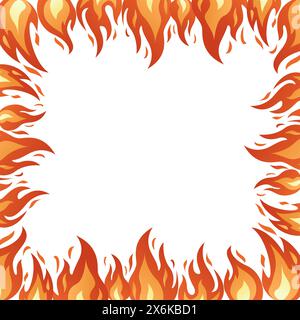 Cadre carré flamme. Flammes vives, feu de forêt chaud, feu de camp rouge chaud. Cadre brûlant dessiné à la main isolé sur blanc. Cadre brûlant de dessin animé de style plat tendance. Illustration vectorielle Illustration de Vecteur