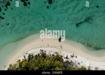 Vue aérienne d'un bateau pneumatique Zodiac motorisé depuis le navire de croisière d'expédition SH Diana (Swan Hellenic) et les gens sur la plage avec des cocotiers, Banque D'Images