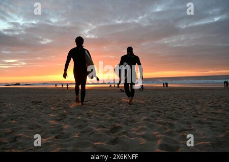 Surfeurs sur l'océan Atlantique, coucher de soleil à Praia do Guincho près de Cascais, Portugal Banque D'Images