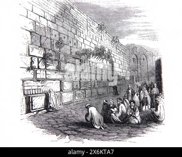 Gravure sur bois de Juifs sur le mur des lamentations à Jérusalem dans la Bible de la famille illustrée antique du XIXe siècle Banque D'Images