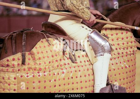 Gros plan d'une armure de jambe de picadors contre la protection des chevaux lors d'un événement de tauromachie. Banque D'Images