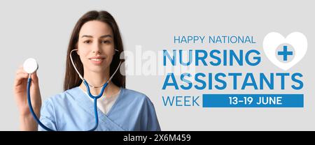 Bannière pour la semaine nationale heureuse des assistants infirmiers avec une infirmière tenant un stéthoscope Banque D'Images