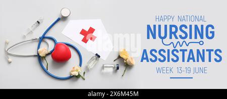 Bannière pour la bonne semaine nationale des assistants infirmiers avec stéthoscope, cœur, fleurs et ampoules Banque D'Images