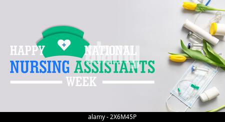 Bannière pour la semaine nationale heureuse des assistants infirmiers avec masque médical, fleurs et médicaments Banque D'Images