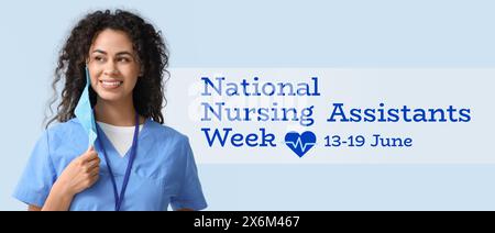 Bannière pour la semaine nationale heureuse des assistants infirmiers avec une infirmière afro-américaine Banque D'Images