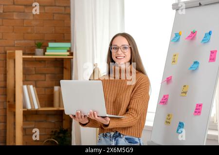 Tuteur féminin avec ordinateur portable donnant une leçon d'anglais en ligne près du tableau à feuilles mobiles à la maison Banque D'Images