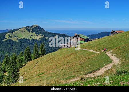 Chemin avec plusieurs personnes de randonnée menant à Hirschberghaus, Foggenstein en arrière-plan, Hirschberg, Alpes bavaroises, haute-Bavière, Bavière, Allemagne Banque D'Images