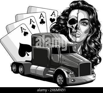 Semi-camion monochrome avec cartes de fille et de poker Illustration de Vecteur