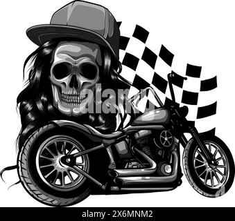 Illustration monochromatique vectorielle d'une moto personnalisée avec crâne femme et drapeau de course Illustration de Vecteur