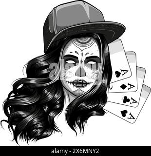 Cartes de poker monochromes avec crâne de maquillage de girk, illustration vectorielle Illustration de Vecteur