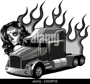 Semi-camion monochrome avec visage de femme et illustration vectorielle de flammes sur fond blanc Illustration de Vecteur