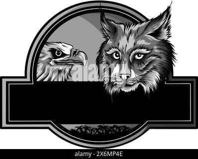 illustration vectorielle du lynx de la tête et de l'aigle sur le logo. design monochrome Illustration de Vecteur