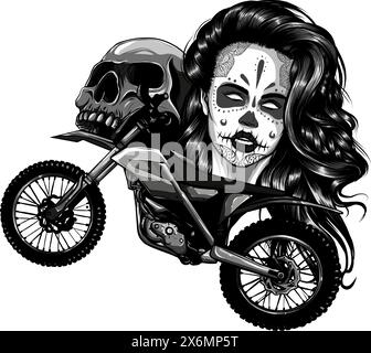 Illustration monochromatique vectorielle de la moto avec la femme de maquillage et le crâne Illustration de Vecteur