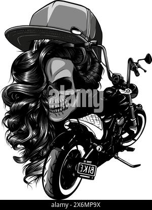 Vecteur illustration monochromatique moto femme crâne avec Illustration de Vecteur