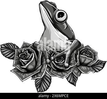 grenouille avec feuilles et roses illustration noire et blanche du vecteur d'esquisse Illustration de Vecteur