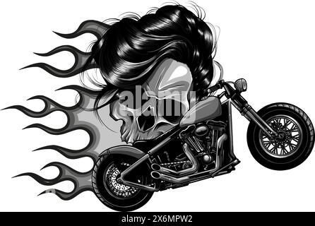 Vecteur monochromatique illustration moto avec femme crâne et flammes sur fond blanc Illustration de Vecteur